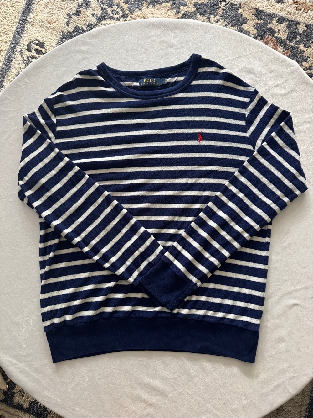 Polo by Ralph Lauren Navy & White Striped Crewneck Sweater with Red Logo Terry